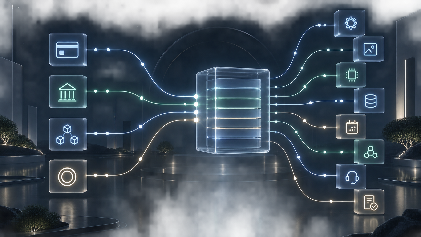 Different payment inputs feed one application ledger that tracks service delivery and reconciliation.
