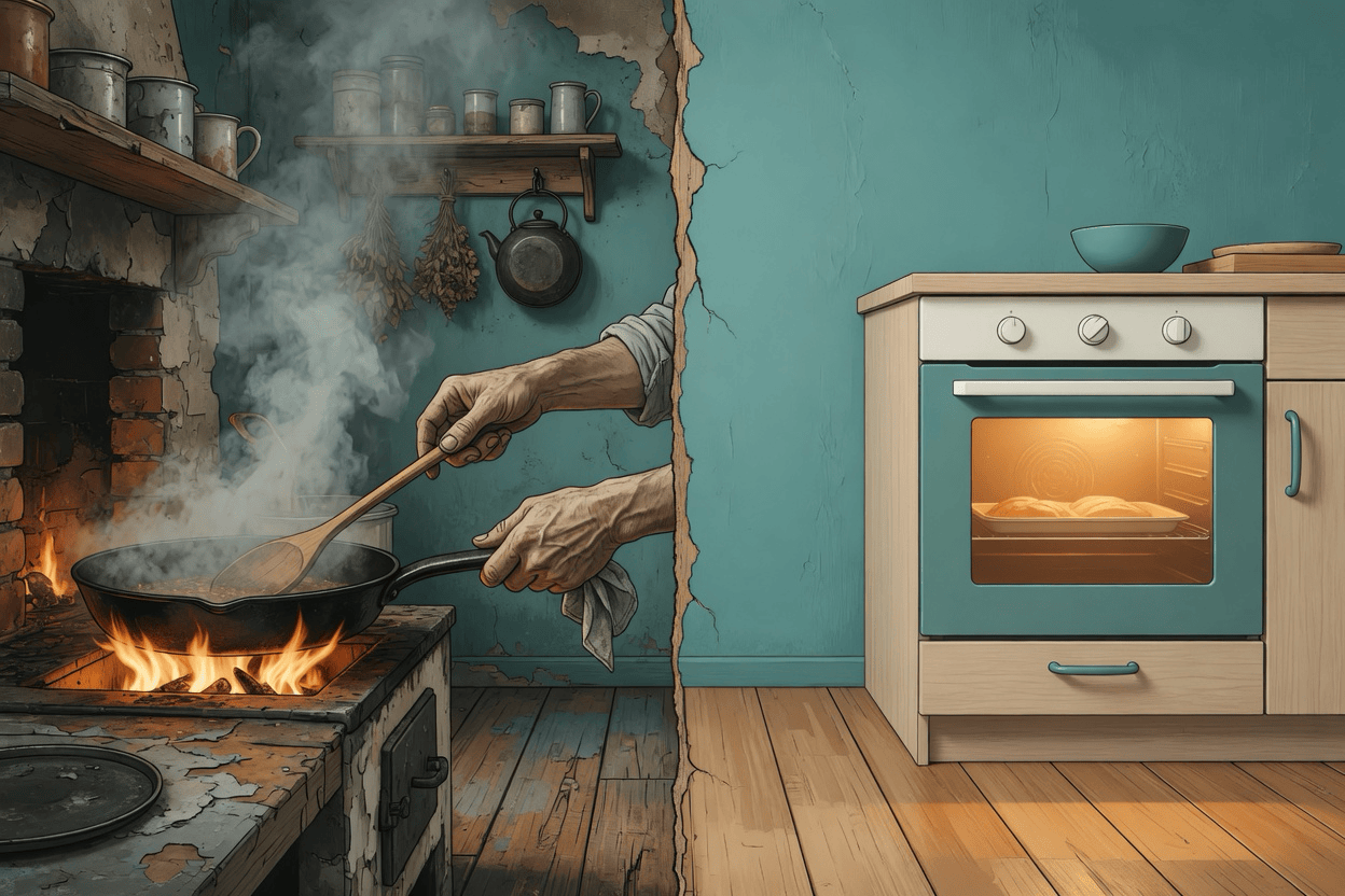 An old kitchen where fire is all by hand, beside a home oven that holds temperature