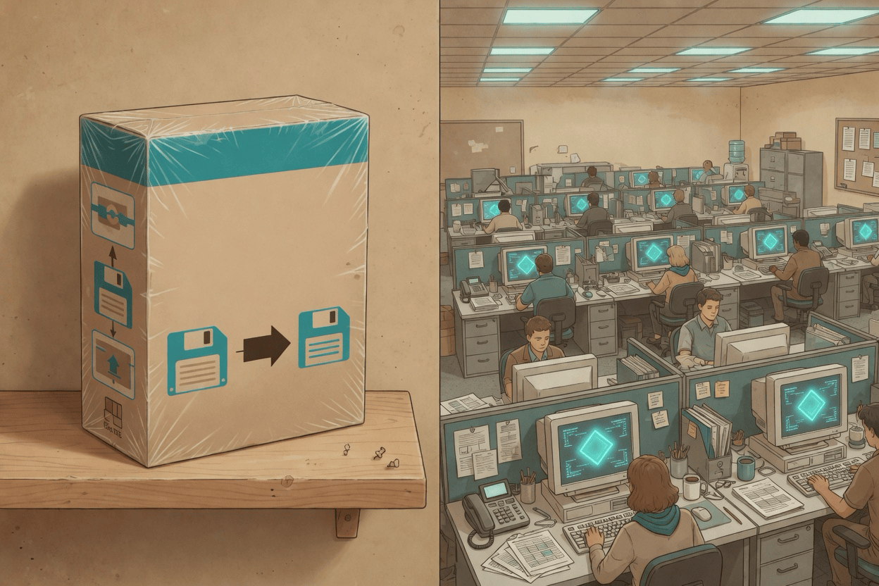 A shrink-wrapped software box on the left, a crowded open-plan office on the right