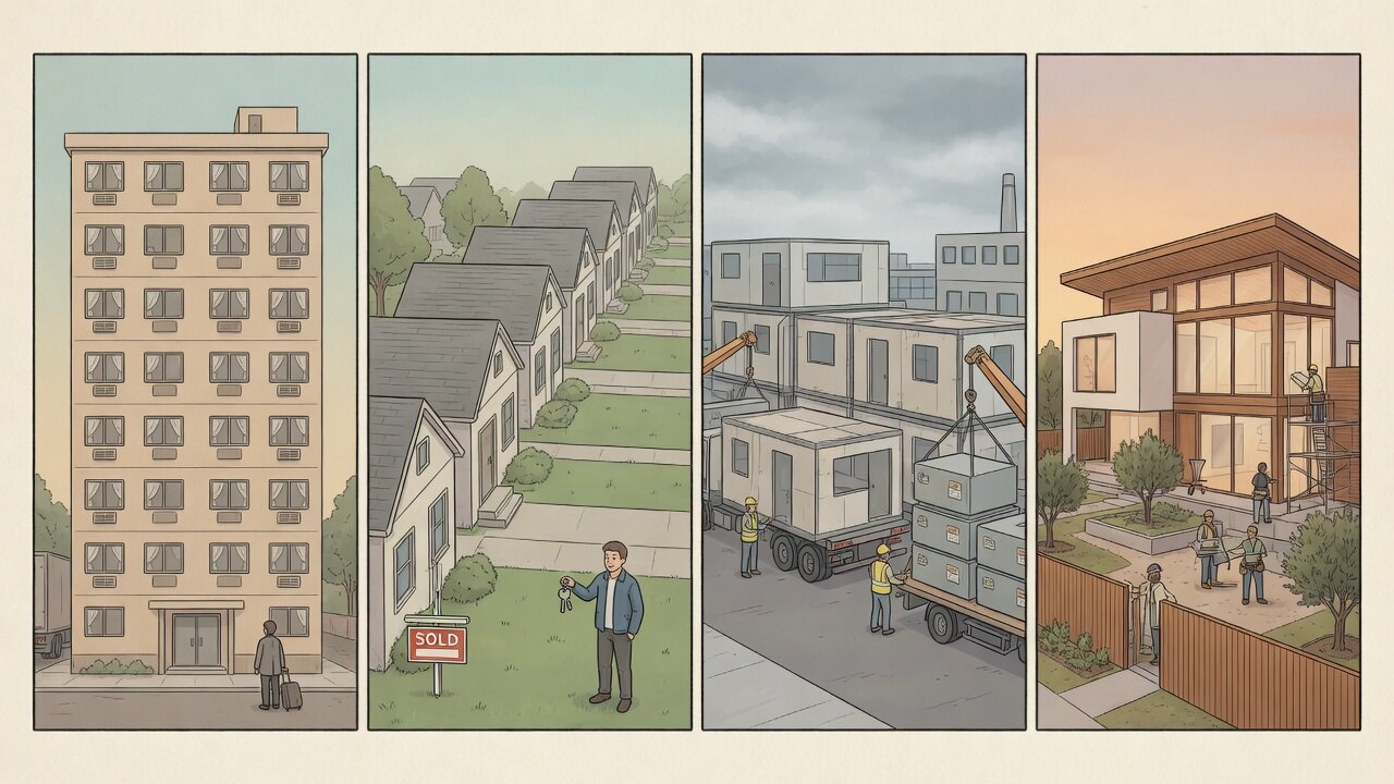 Four comic panels: rental apartment, cookie-cutter developer houses, prefab factory delivery, custom build on your own land