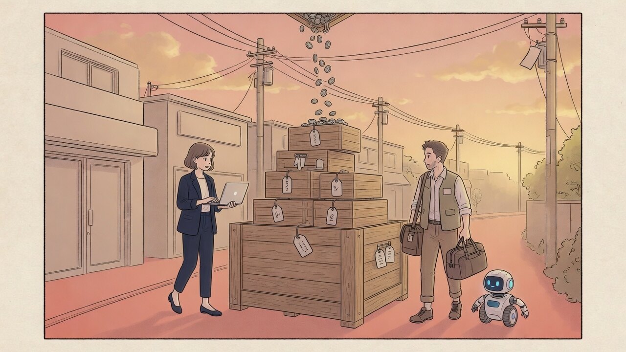 Labeled crates stacked as components, coins falling into the inner boxes