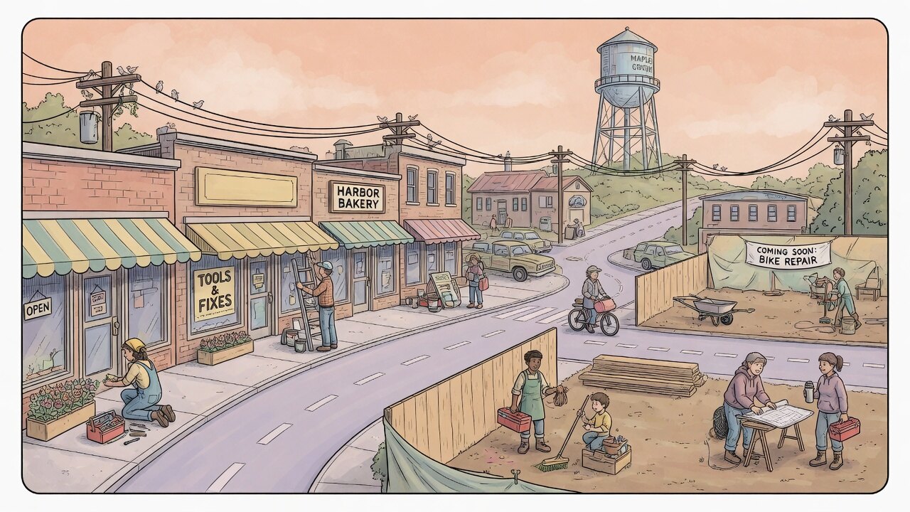 A small town with utilities already in place as shops open and new workers arrive