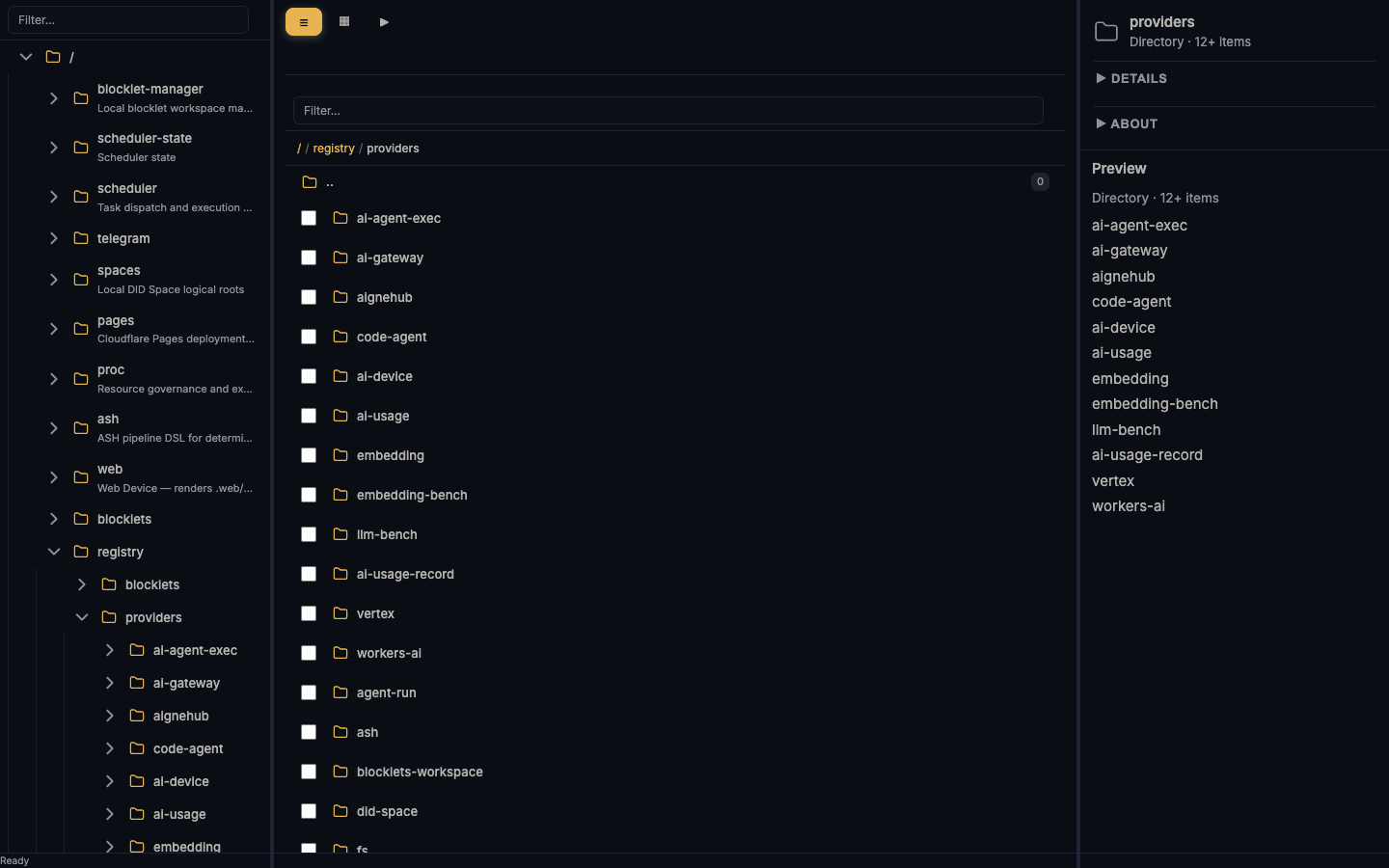 Breadcrumb and provider catalog at /registry/providers with the sidebar tree expanded to the same path