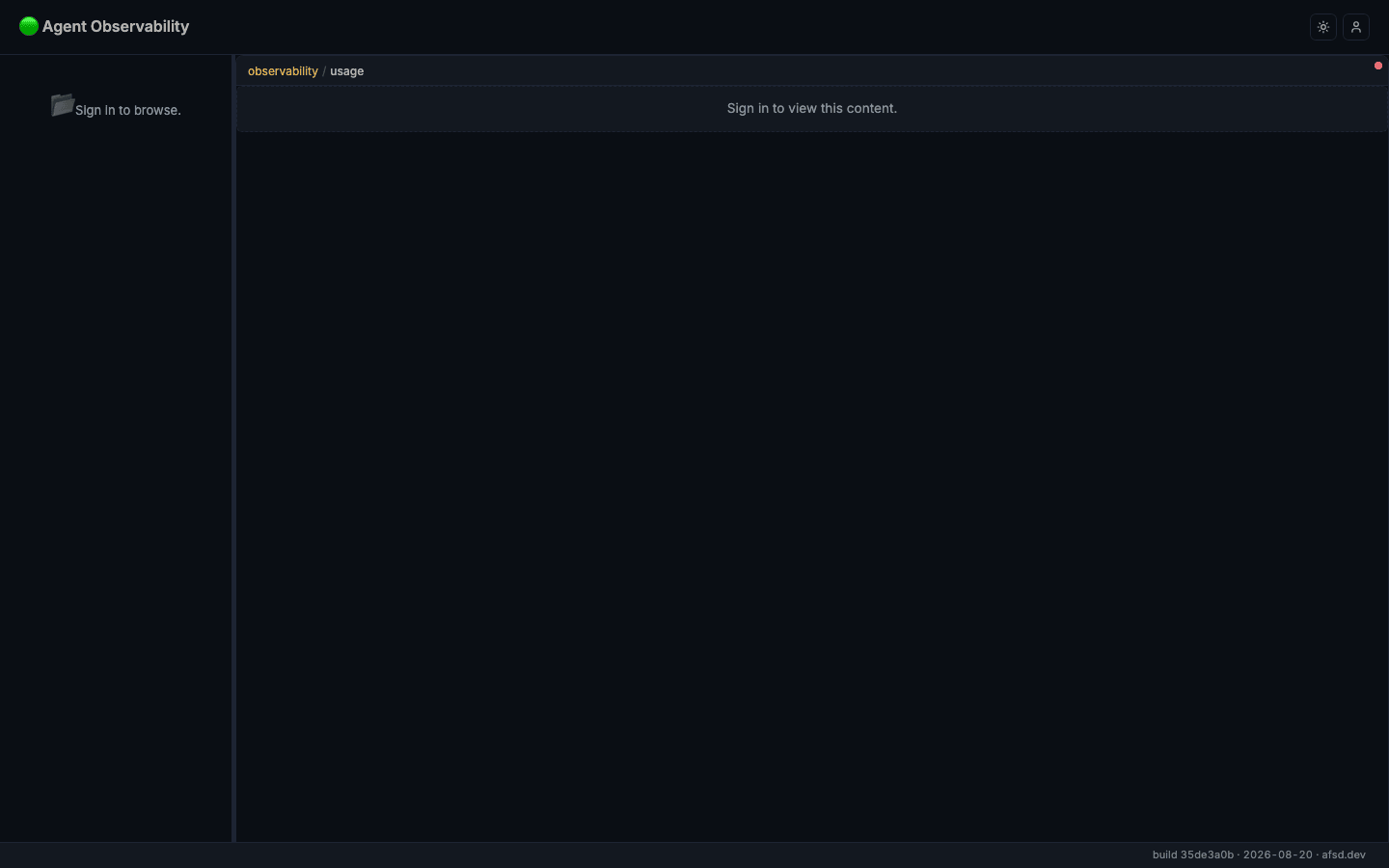 Agent Observability signed out: sidebar collapsed, primary pane reads "Sign in to view this content."