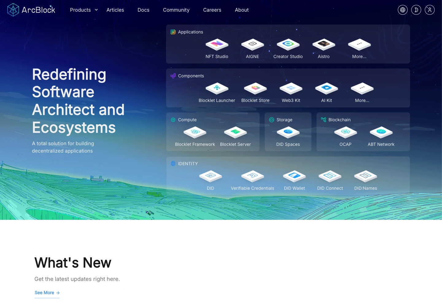 The previous English ArcBlock homepage, showing its layered architecture of applications, components, compute, storage, blockchain and identity.