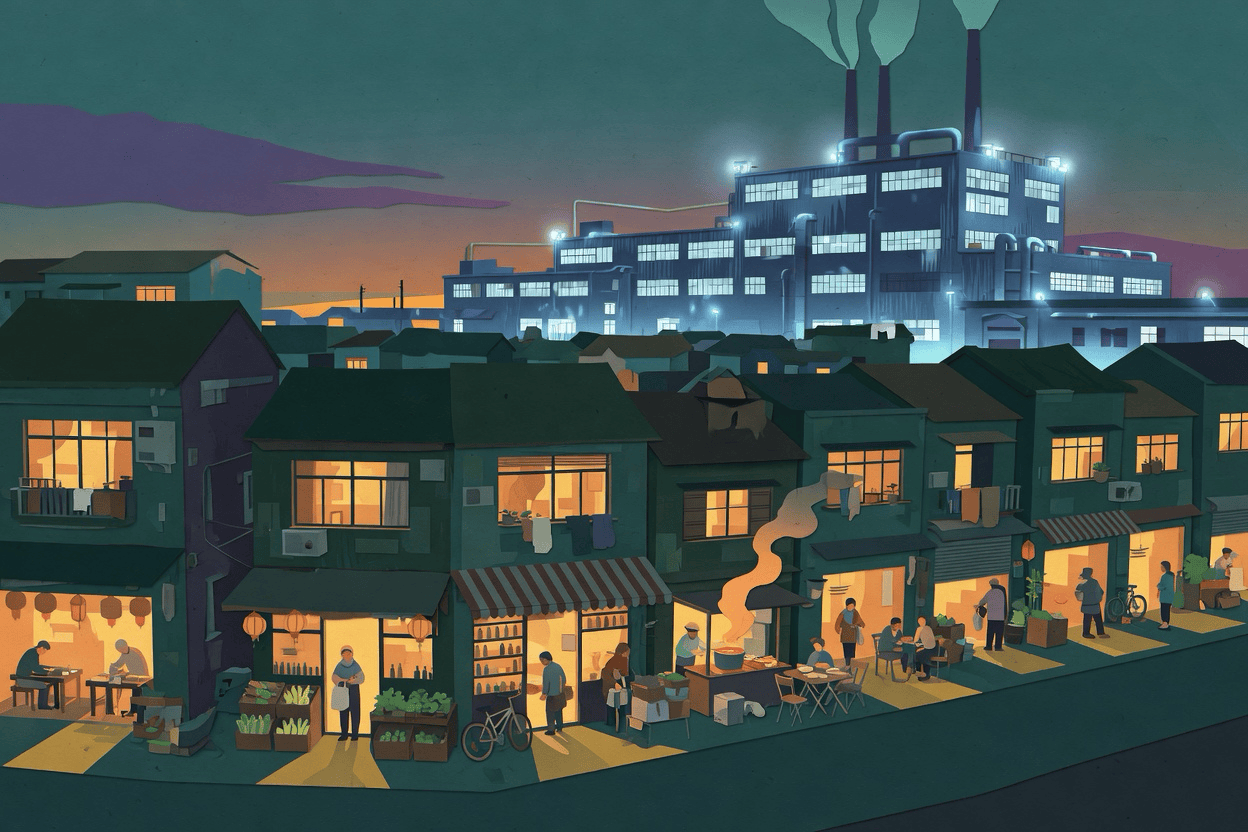 A giant lit factory across the street from many small shops still open