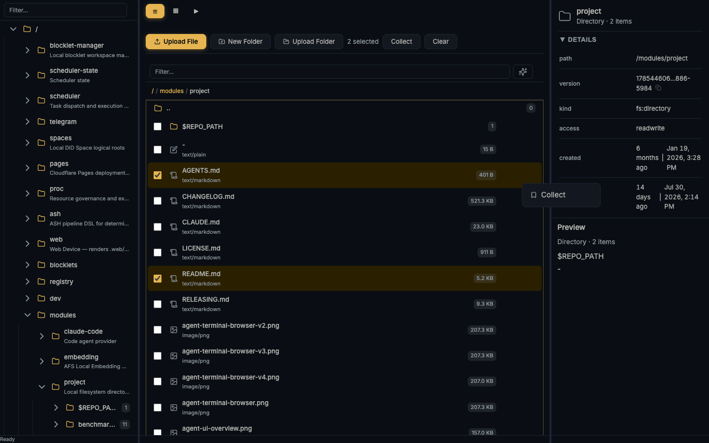 List view with two rows selected, the “2 selected · Collect · Clear” batch bar, and the open item menu showing Collect