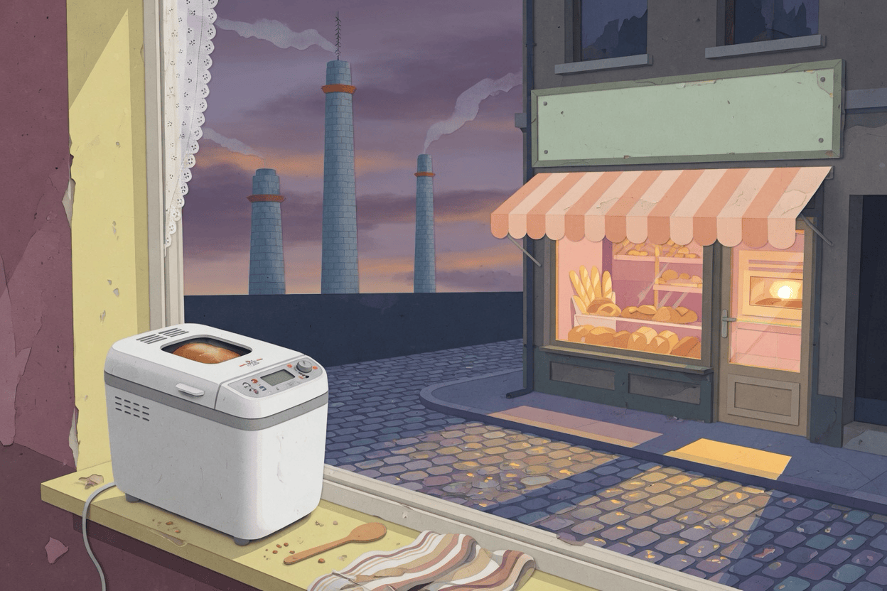A home bread machine on a windowsill, a lit bakery across the street, a factory outline farther off