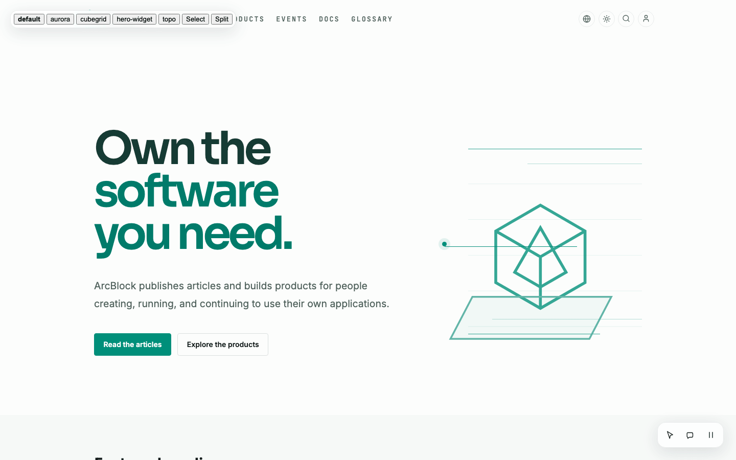 This site's homepage in review mode, with default, aurora, cubegrid, hero-widget, topo, Select, and Split on the overlay