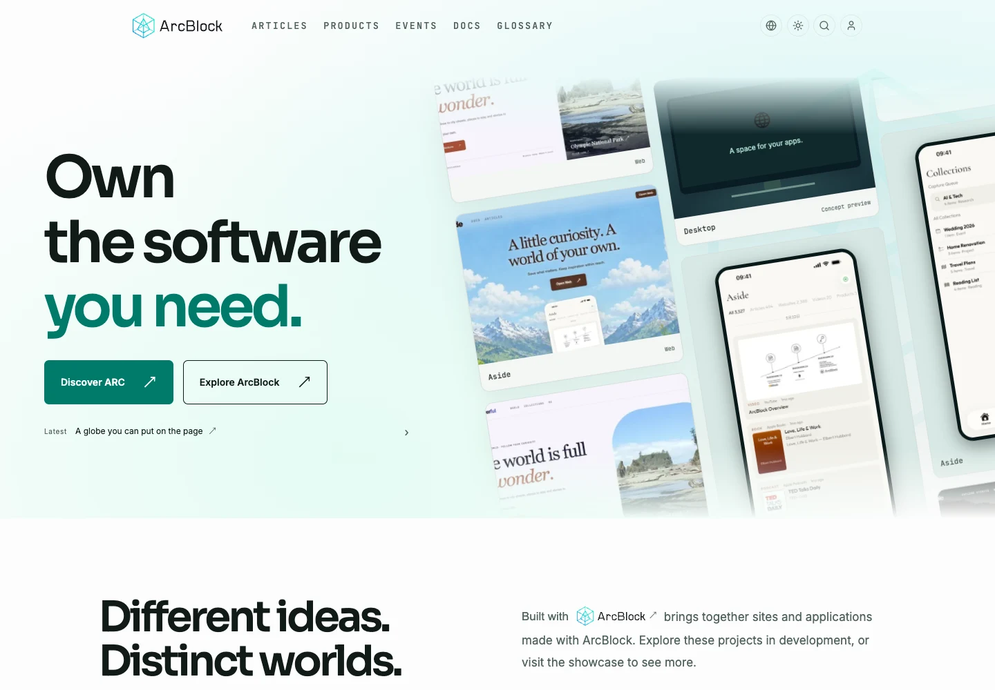 The new English ArcBlock homepage, with “Own the software you need” beside a moving gallery of application screens.