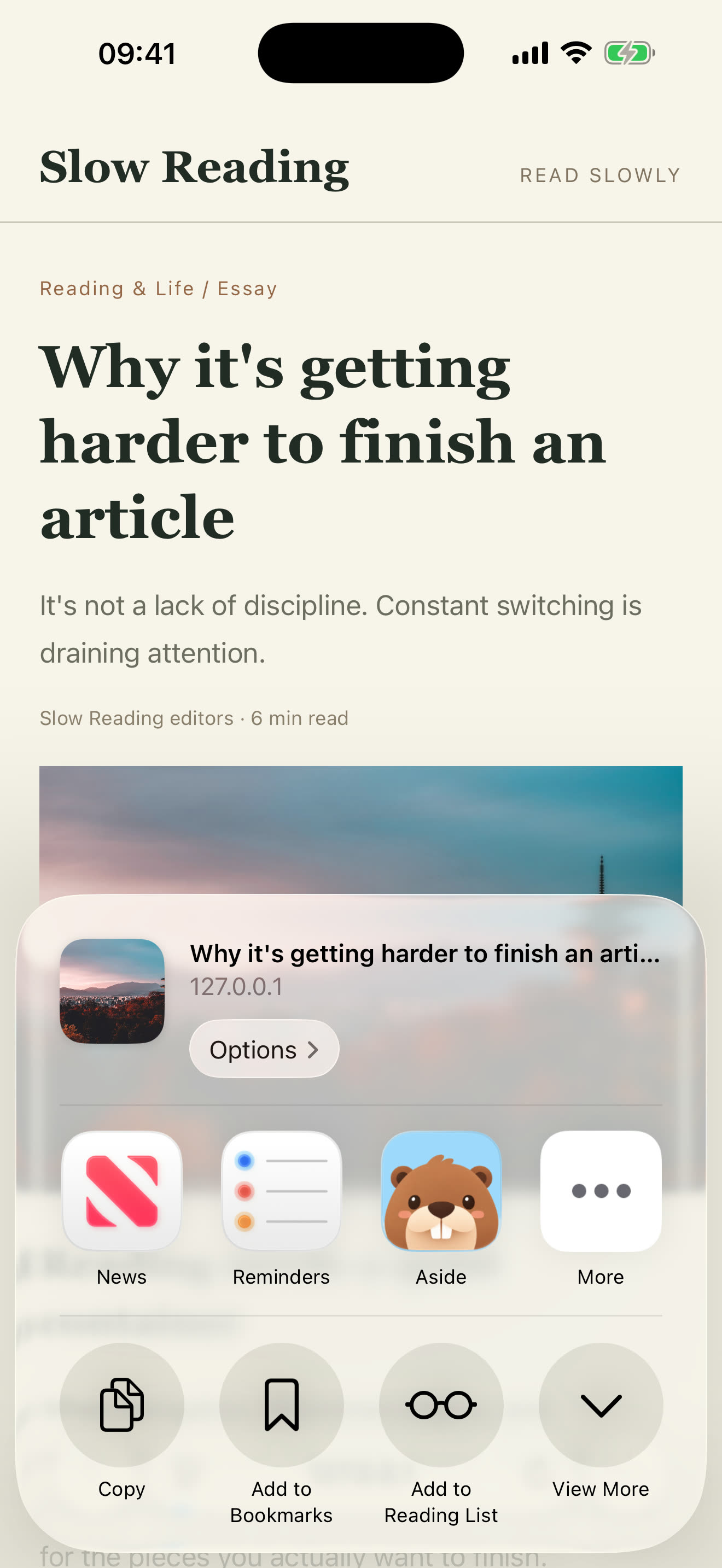Aside in the iOS Share Sheet, ready to save something from Safari