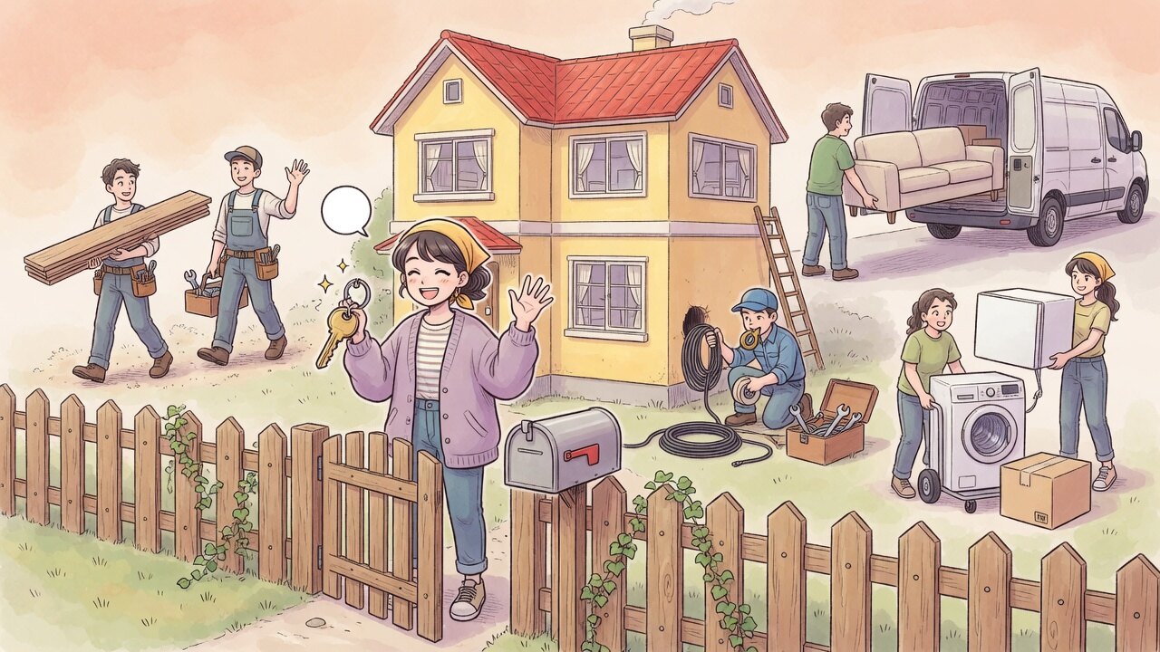Crews and appliance deliveries come and go while the owner keeps the house keys at the gate