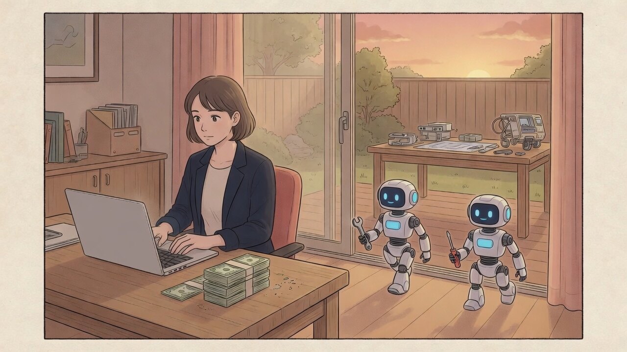Cash sits unused while two small robots walk toward an outdoor workbench