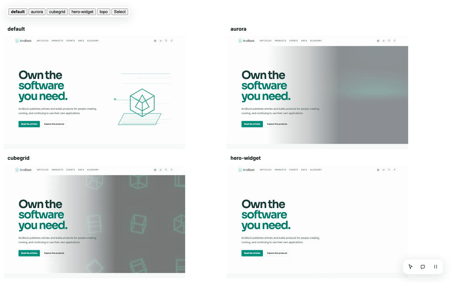 Split view of the homepage: default, aurora, cubegrid, hero-widget in one frame