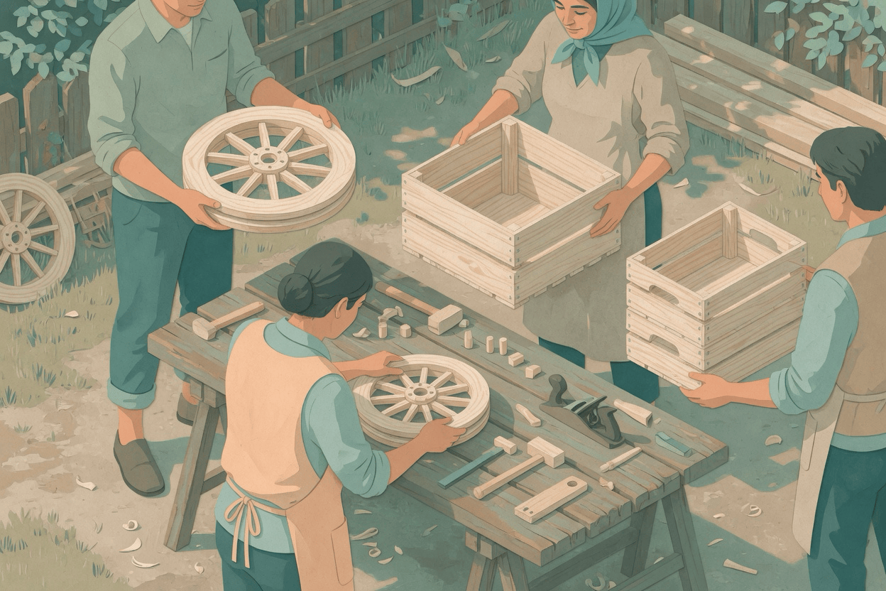 Not a crew racing one well: different people handing over wheels and parts that already exist