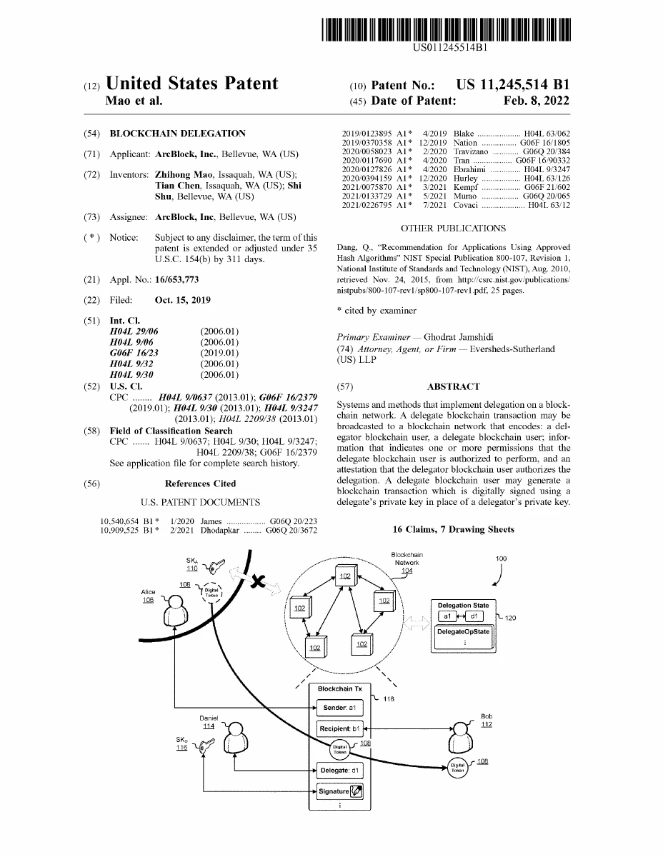 First page of granted patent US11245514B1