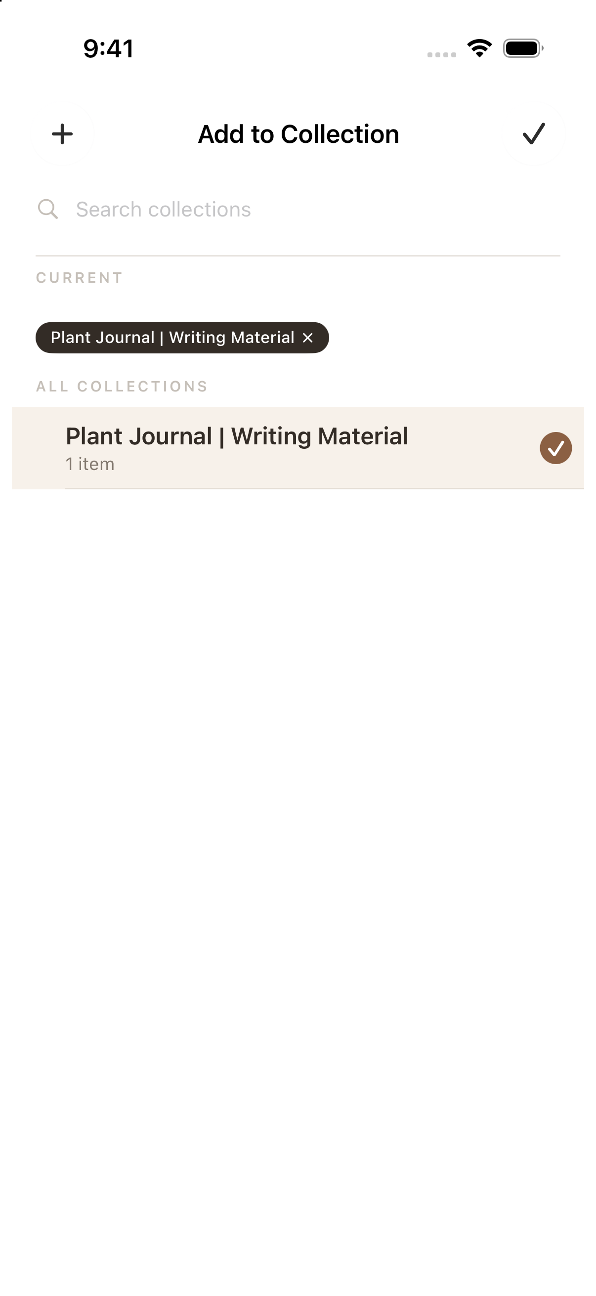 Select the writing-material collection, then tap the upper-right checkmark.