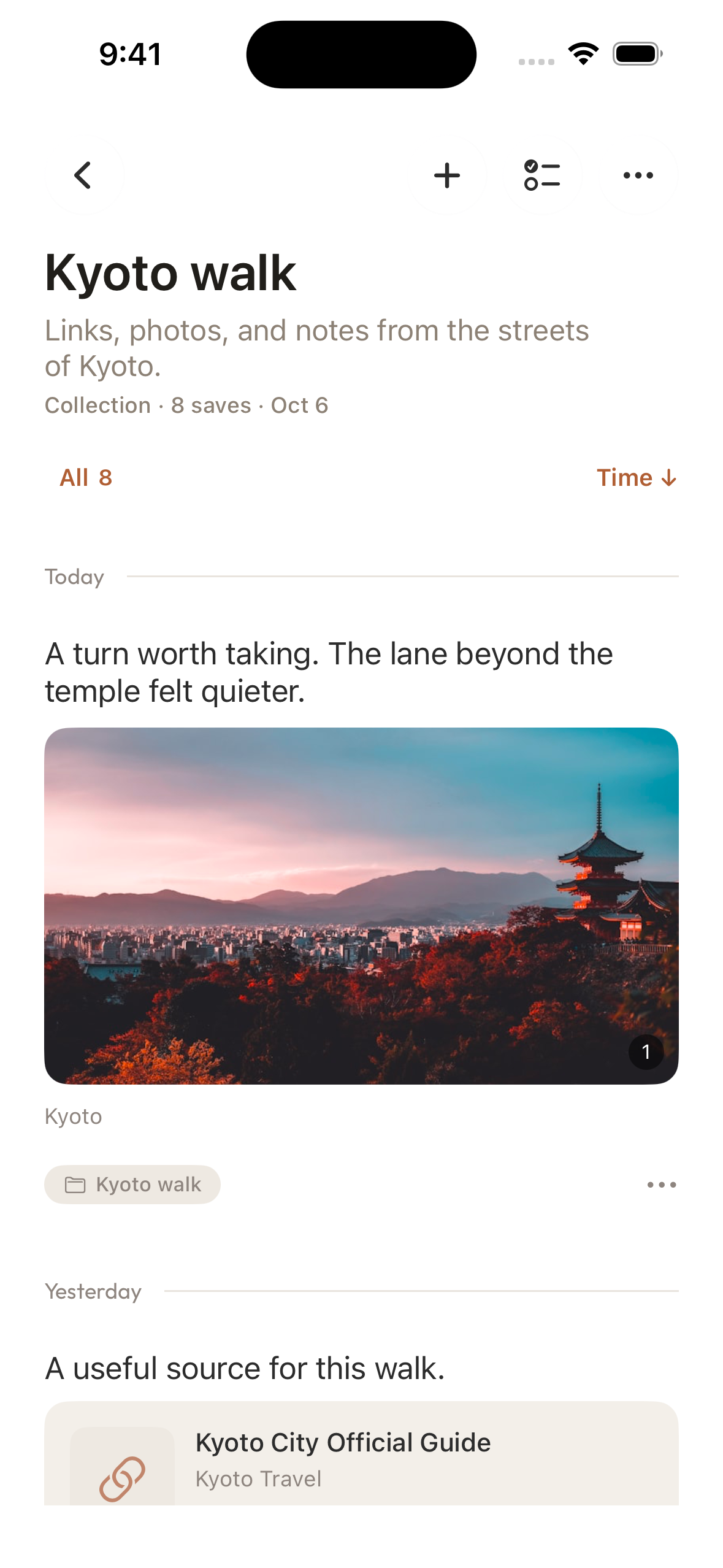 Aside iPhone 收藏集详情页显示京都照片、网站与个人笔记。