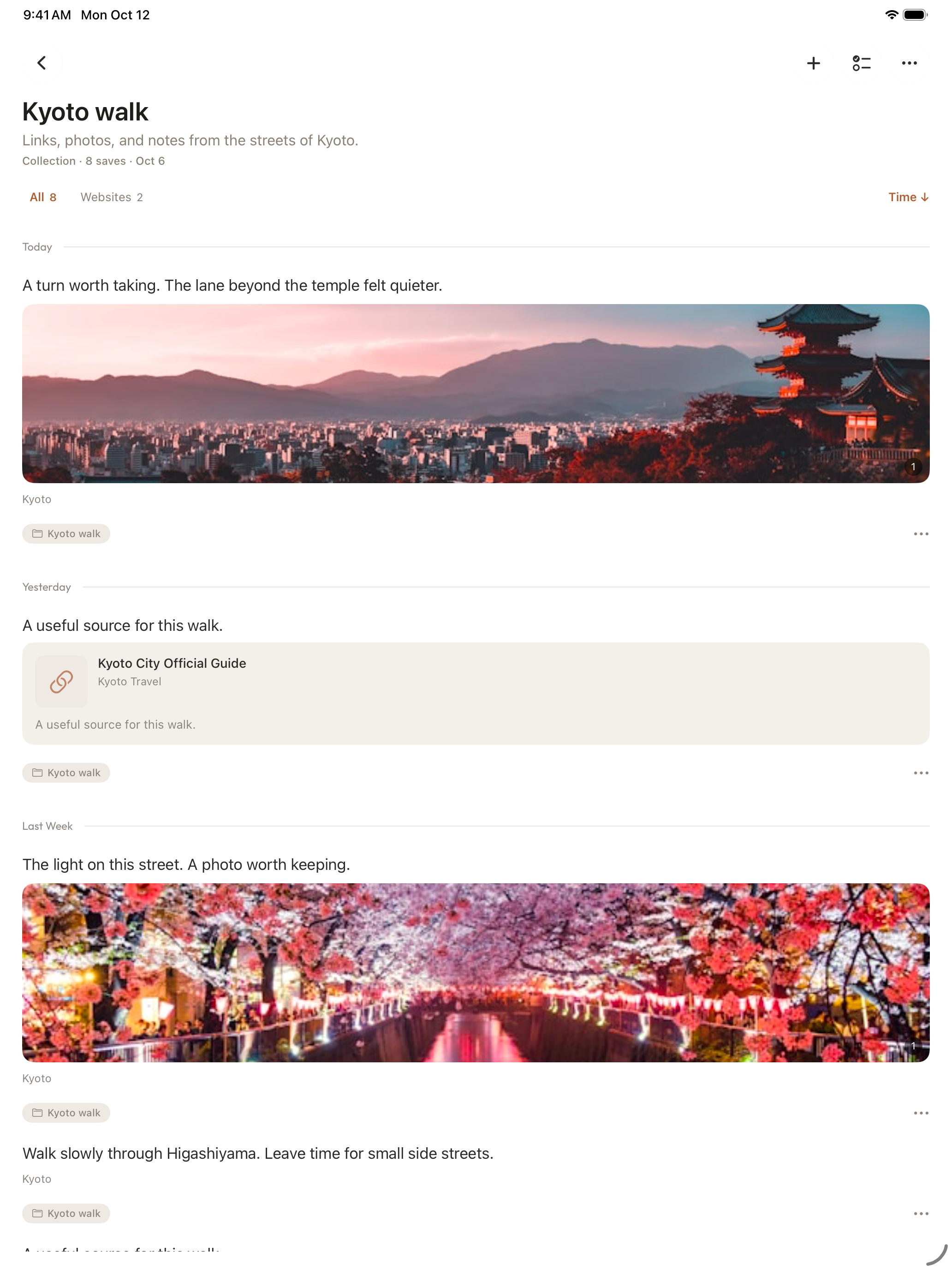 Aside iPad 收藏集界面以较宽视图显示同一组京都演示资料。