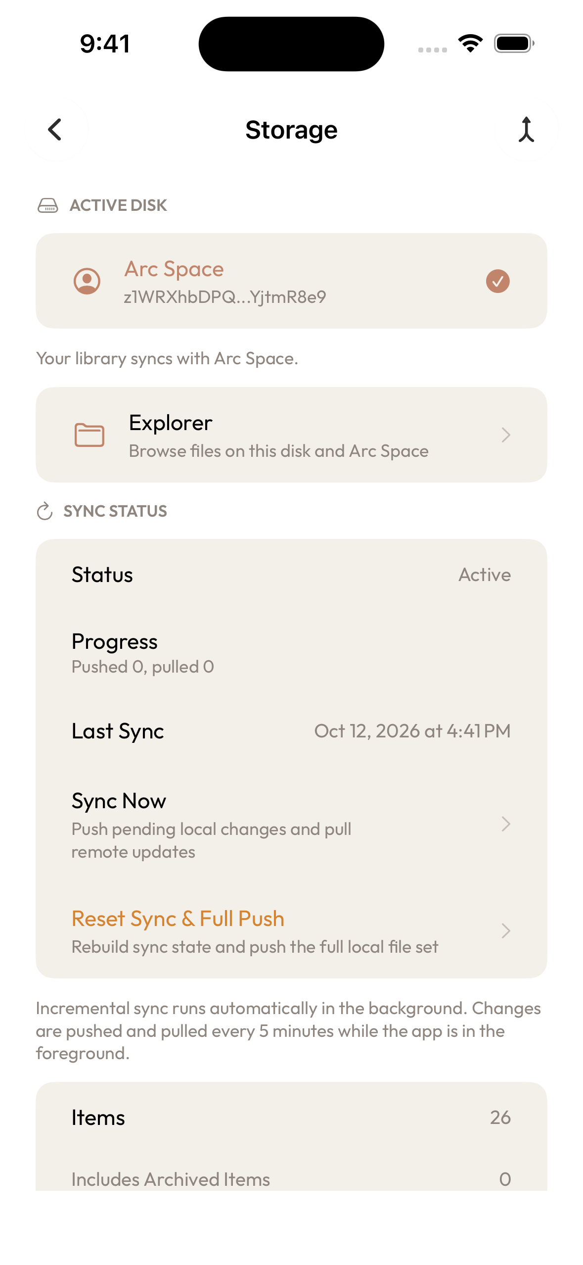 Aside Storage 页中 Arc Space 带选中标记，Sync Status 显示 Active。