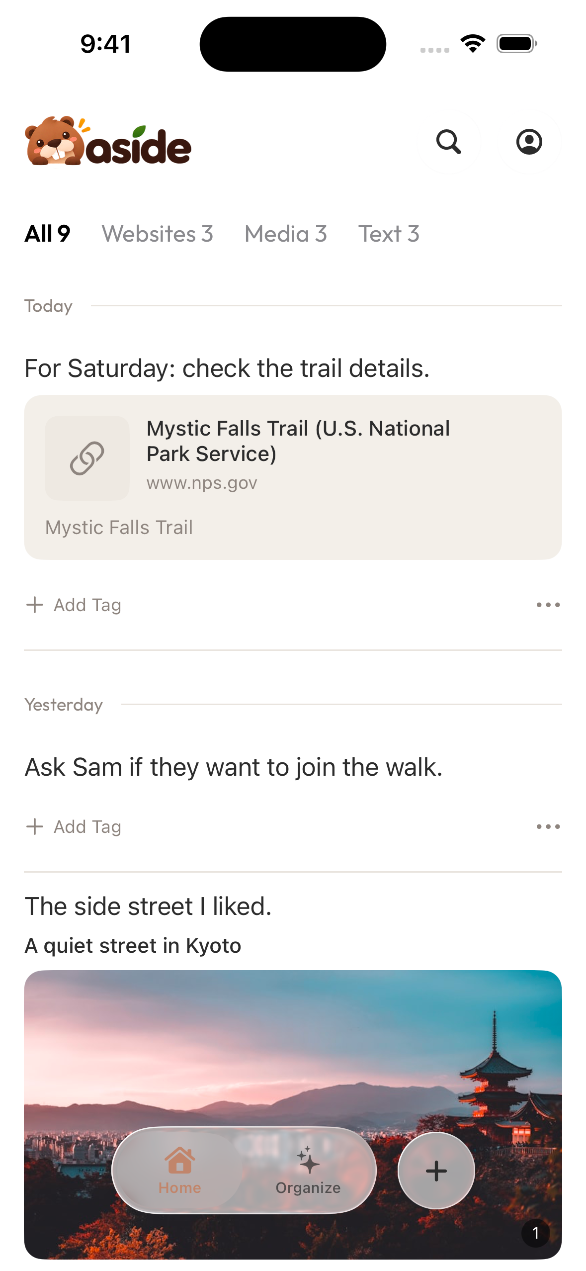 Aside 首页显示刚保存的 Mystic Falls Trail 链接及同一句个人笔记。