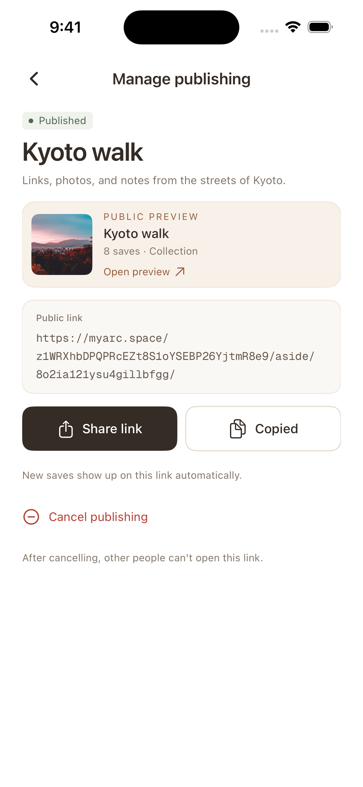 Aside 1.3.0 的英文发布管理页显示 Published、公开链接和分享操作。