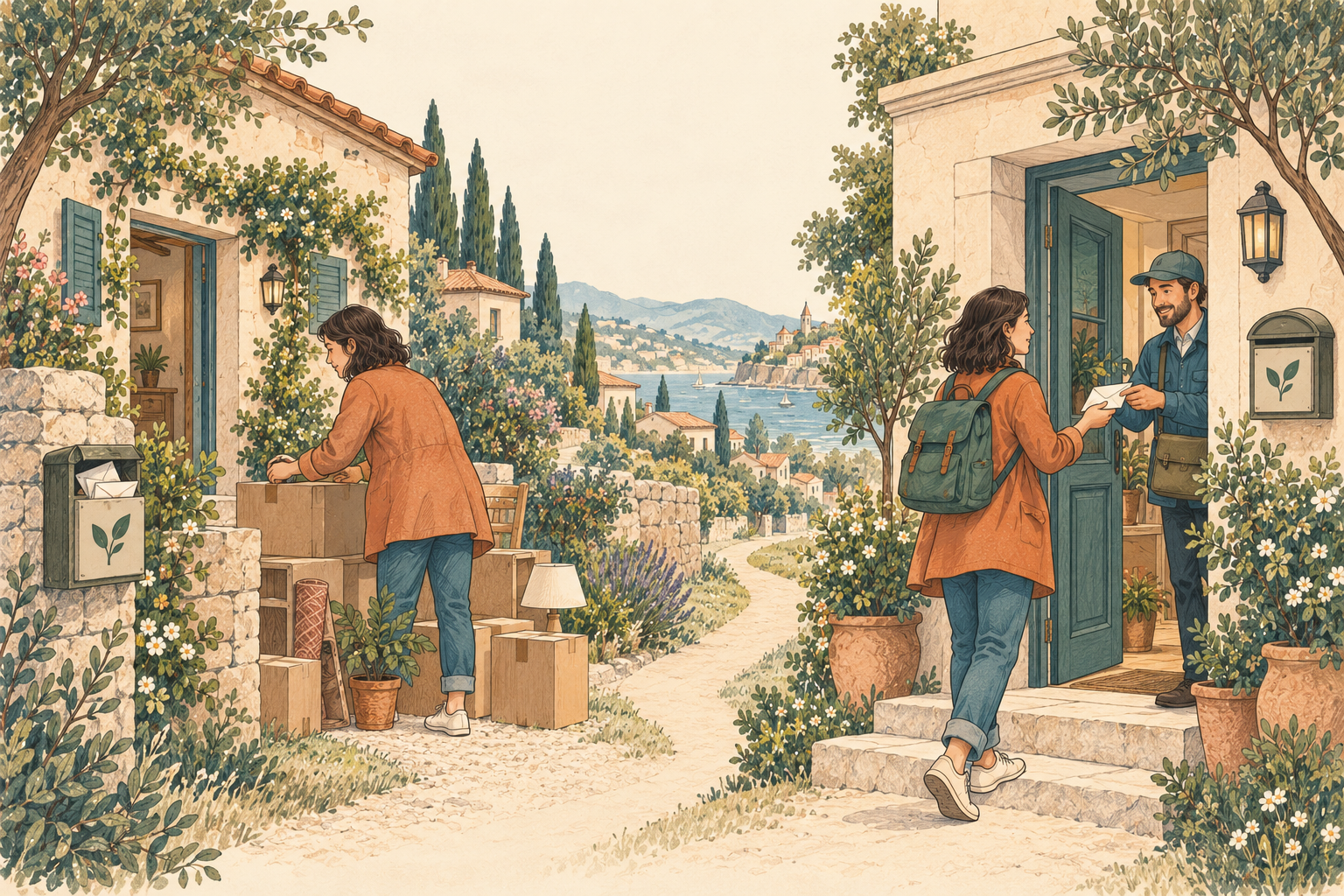 Belongings leave with a person who moves, while letters remain at the old home; continuity of contact lets mail reach the new home.