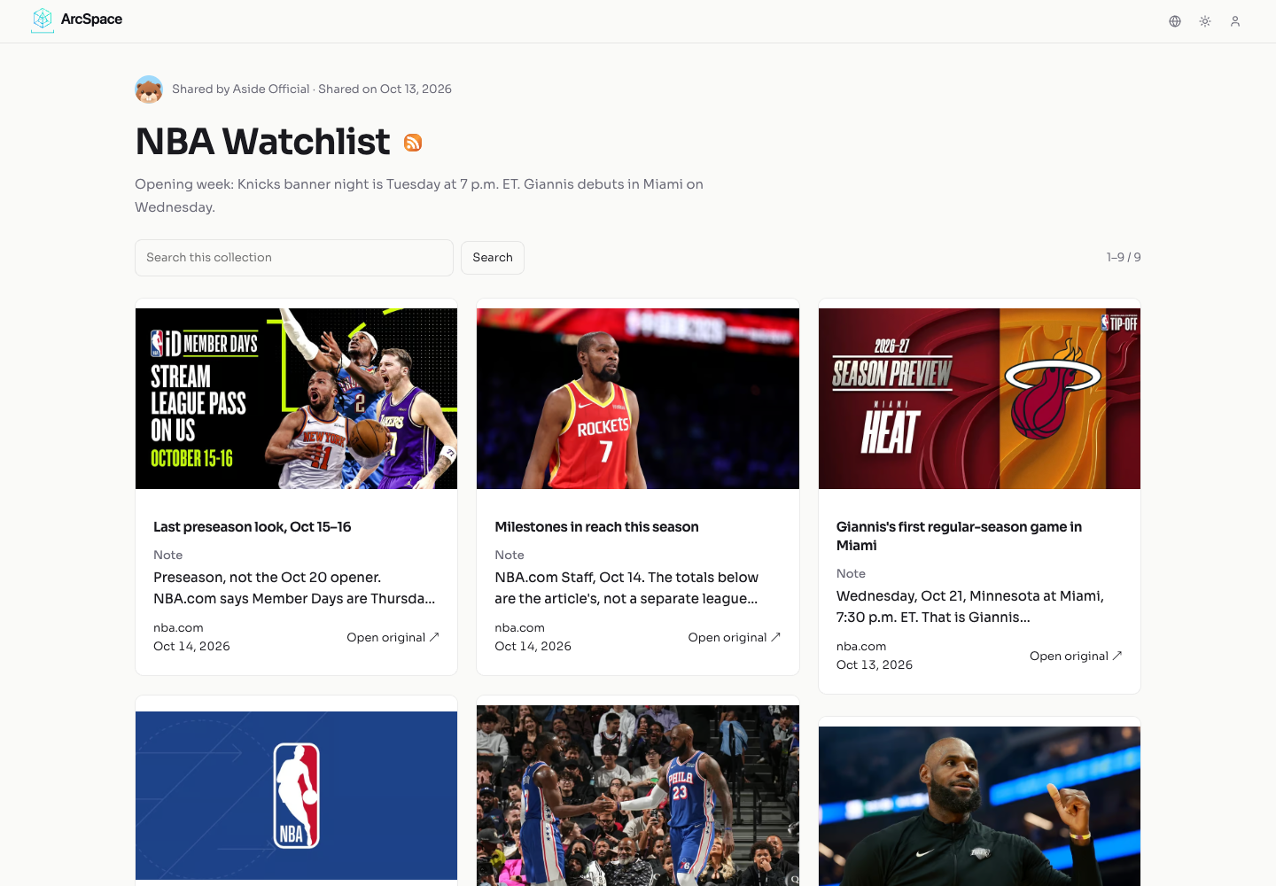 浏览器中的 NBA Watchlist 收藏集，展示文字说明和精选 NBA.com 来源。