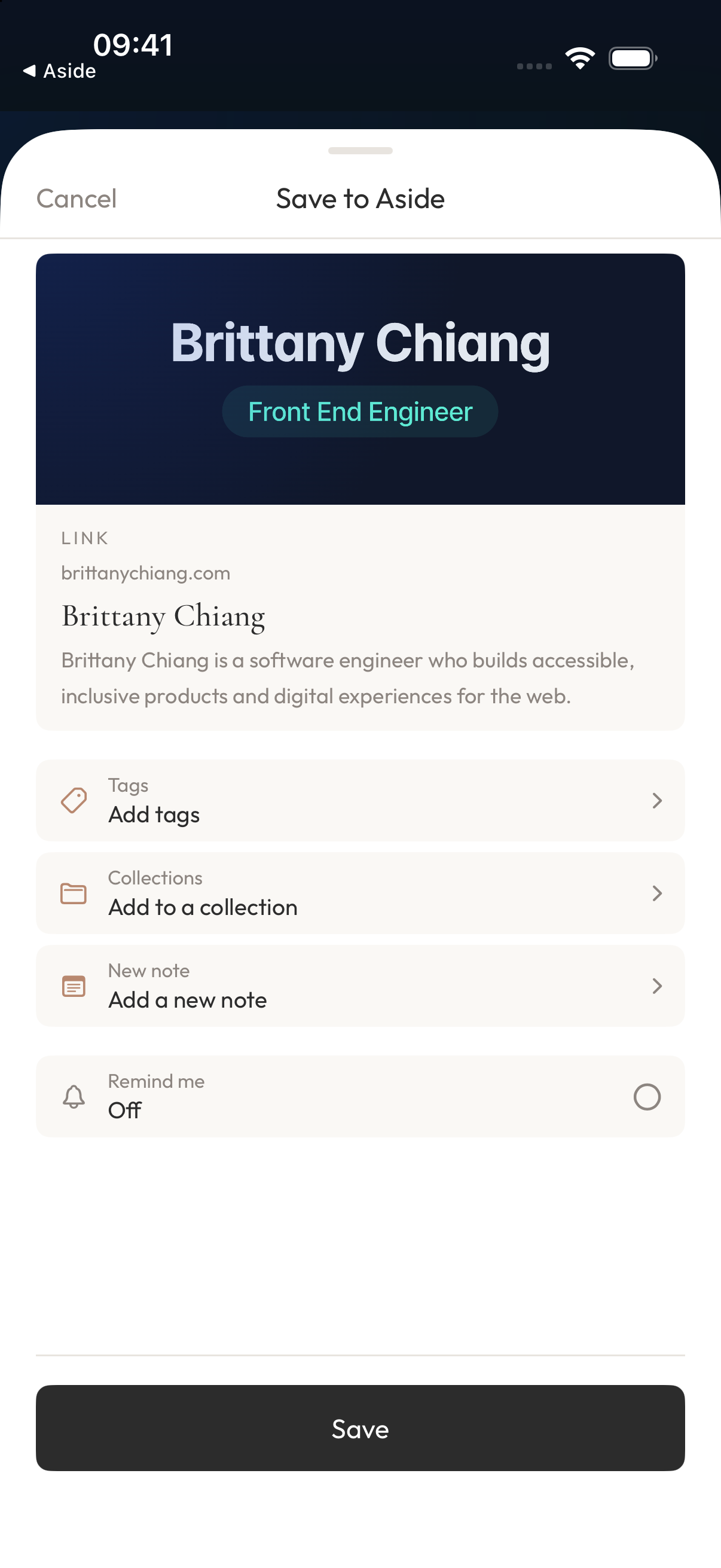 Check the Brittany Chiang page, then tap Save to keep it in Aside.
