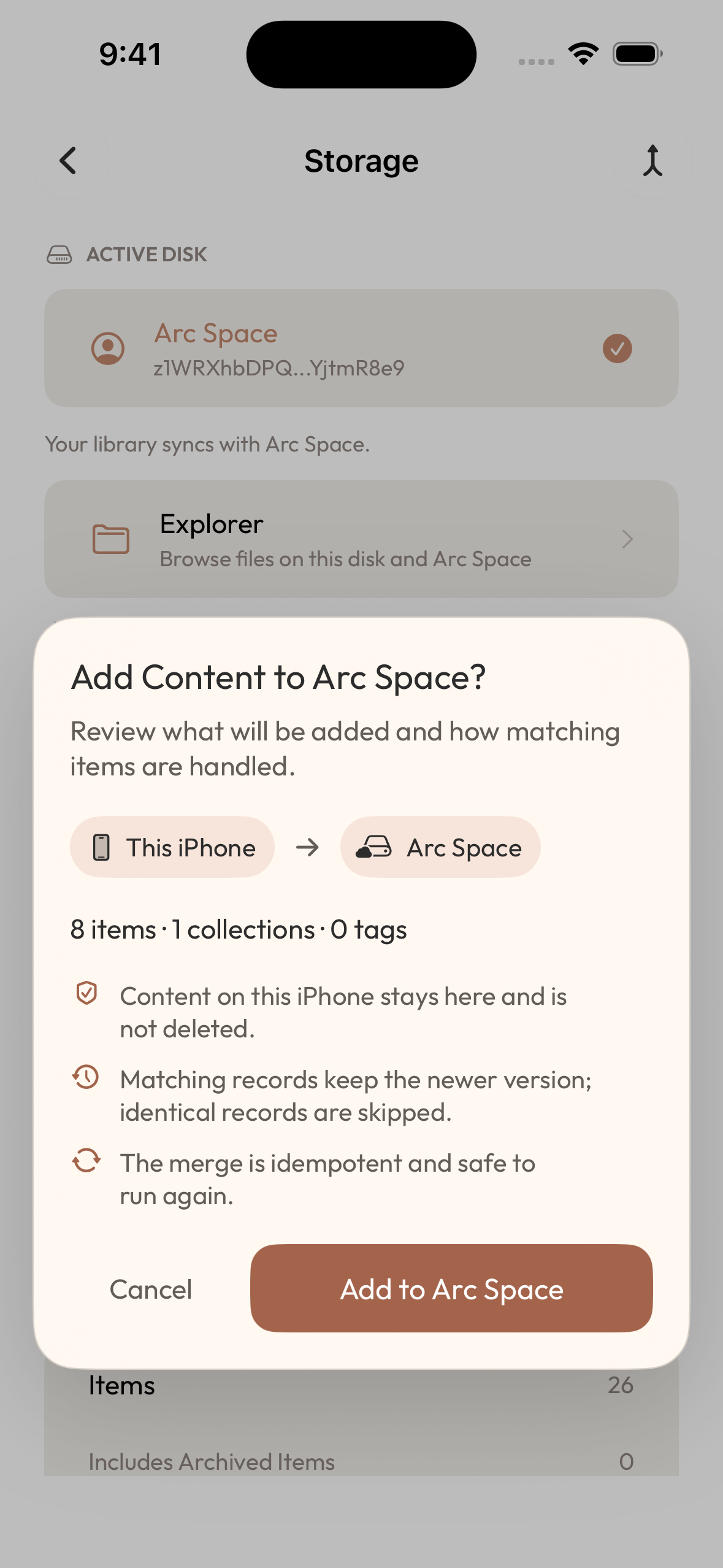 Add to Arc Space 确认页显示 8 条记录、1 个收藏集、0 个标签与本地保留提示。