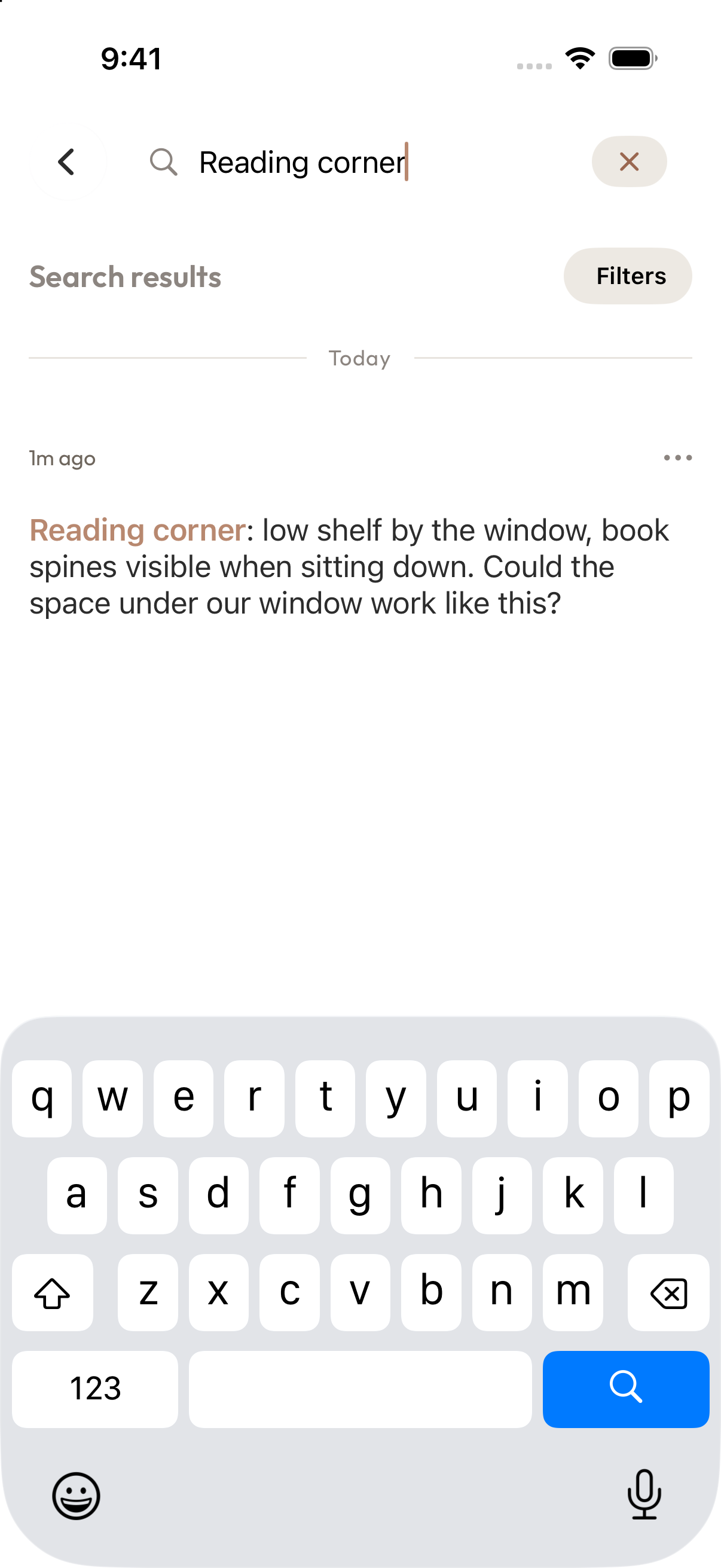 Search for reading corner in Aside to find the sentence you saved earlier.
