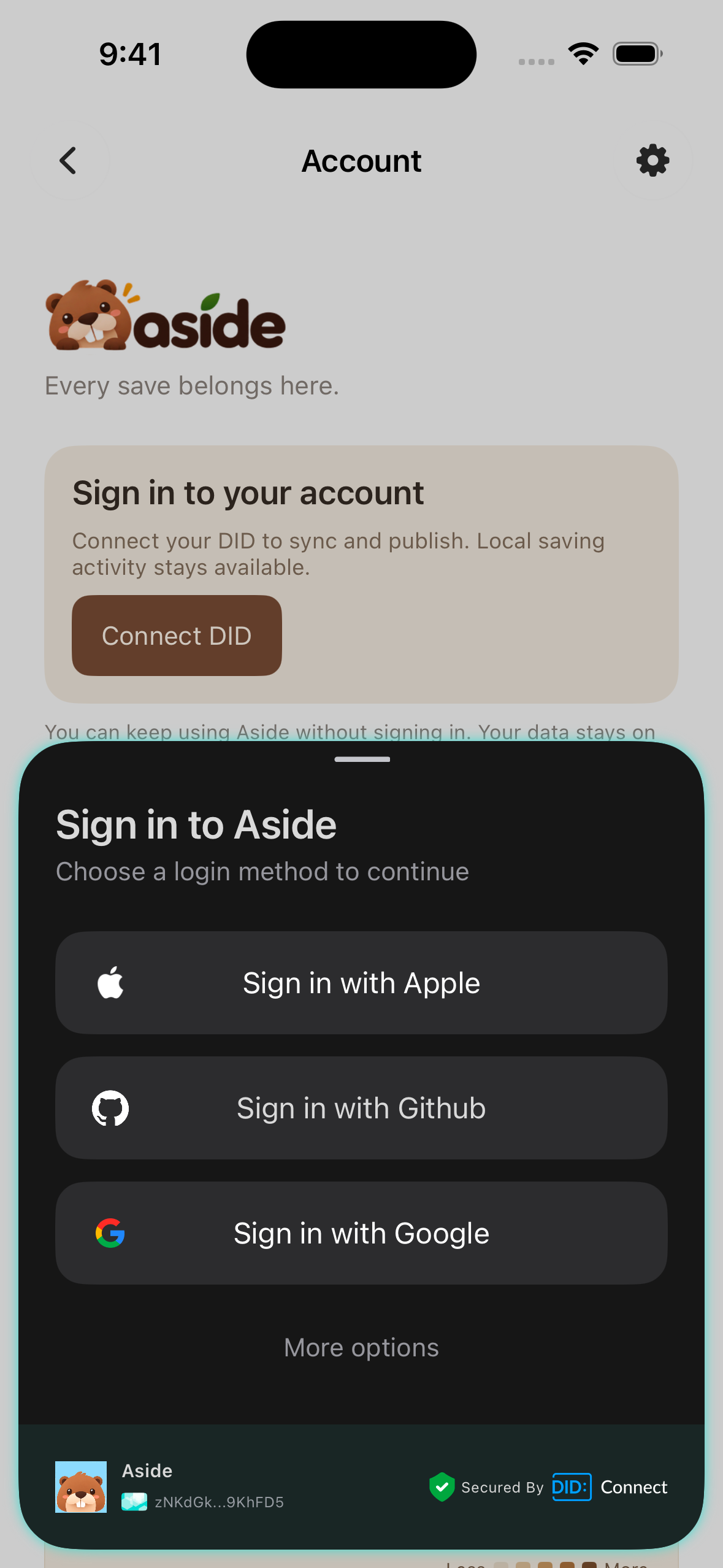 Aside 登录面板显示 Apple、GitHub、Google 与 More options 入口。