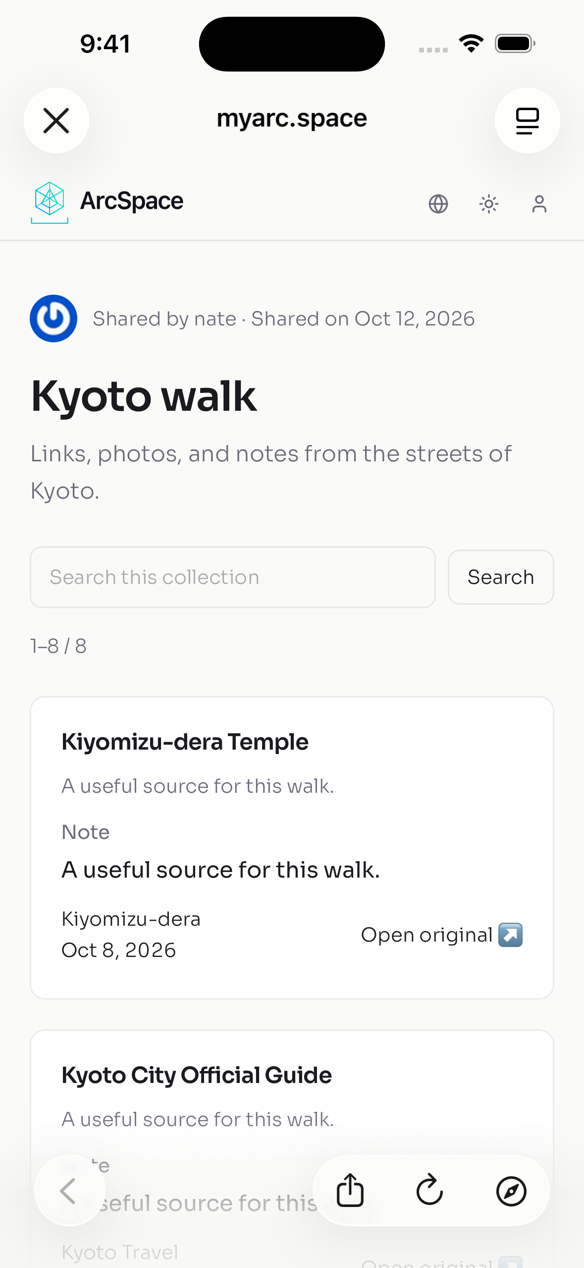iOS Safari 打开 myarc.space 上的 Kyoto walk 公开收藏集，显示 8 条演示资料。