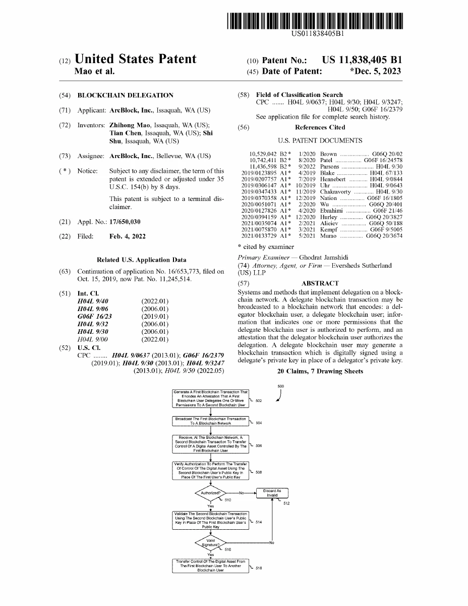 First page of granted patent US11838405B1