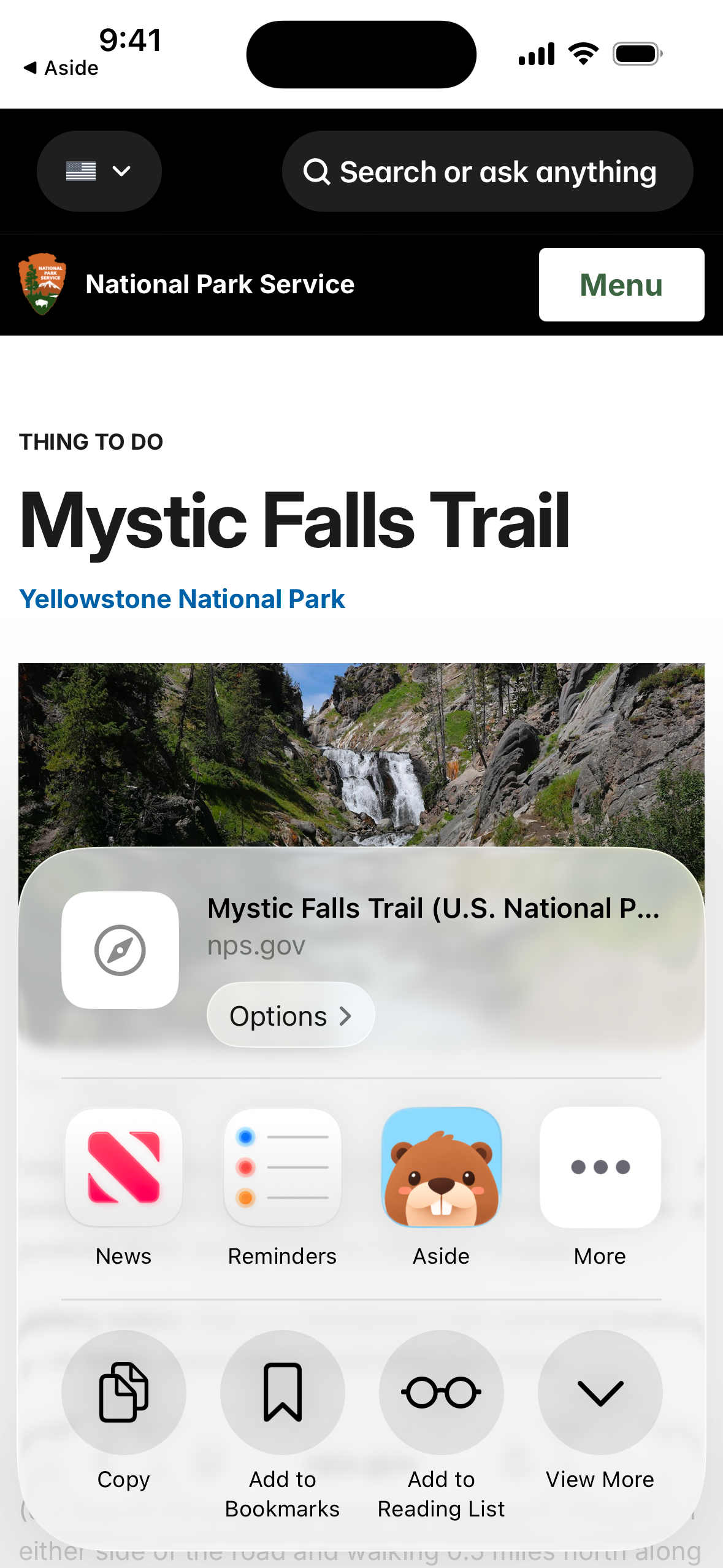 iOS 系统分享面板中显示 Mystic Falls Trail 网页与 Aside 分享入口。